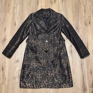 Ellen Tracy Brown Leopard Animal Print Belted Trench Rain Coat NWOT Size M